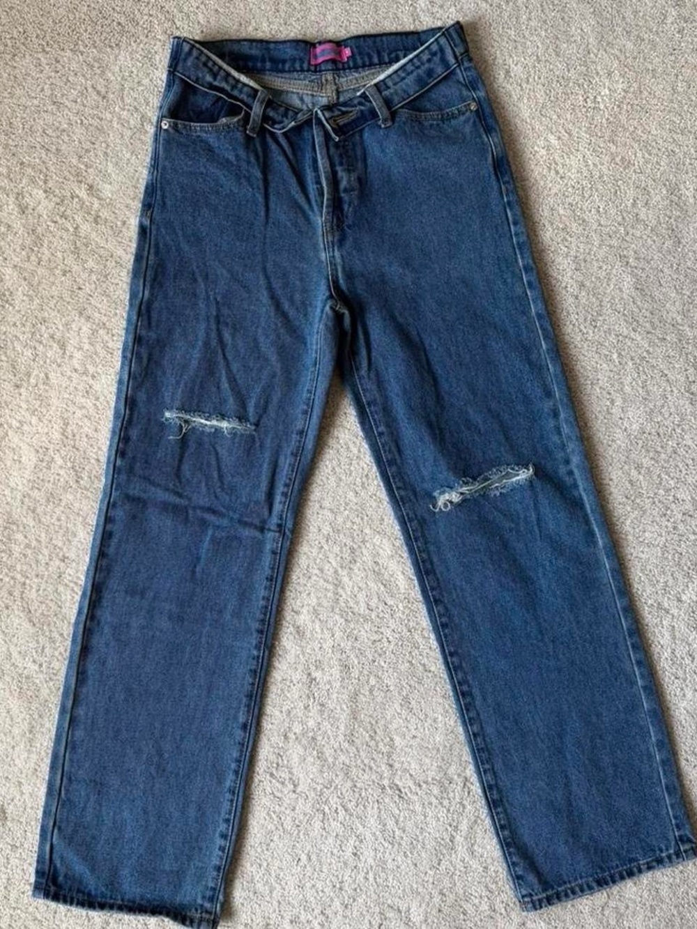 Edikted Dark Blue Distressed Straight-Leg Jeans with Folded Waistband and Button